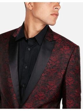 Express Men’s Slim Tailored Fit Floral Print Dinner Jacket Burgundy Red / Black
